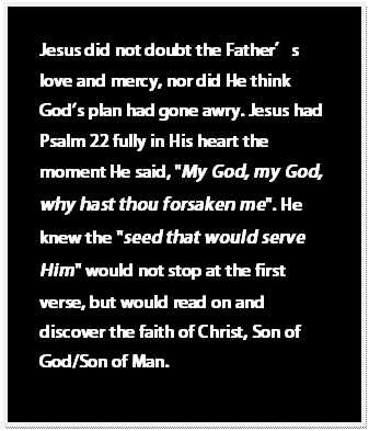 Text Box: Jesus did not doubt the Father’s love and mercy, nor did He think God's plan had gone awry. Jesus had Psalm 22 fully in His heart the moment He said, 'My God, my God, why hast thou forsaken me'. He knew the 'seed that would serve Him' would not stop at the first verse, but would read on and discover the faith of Christ, Son of God/Son of Man.     